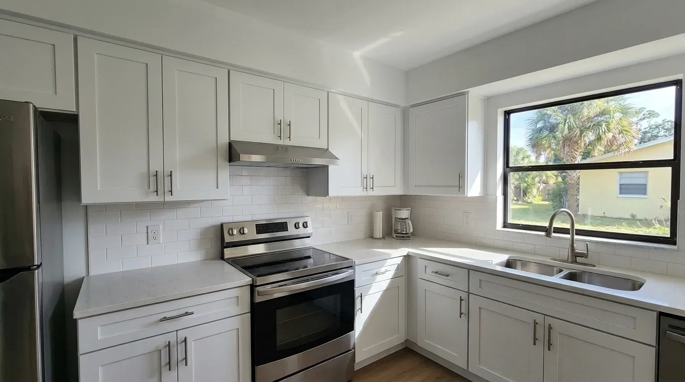 Same kitchen fully rebuilt with new cabinets and range after fire damage