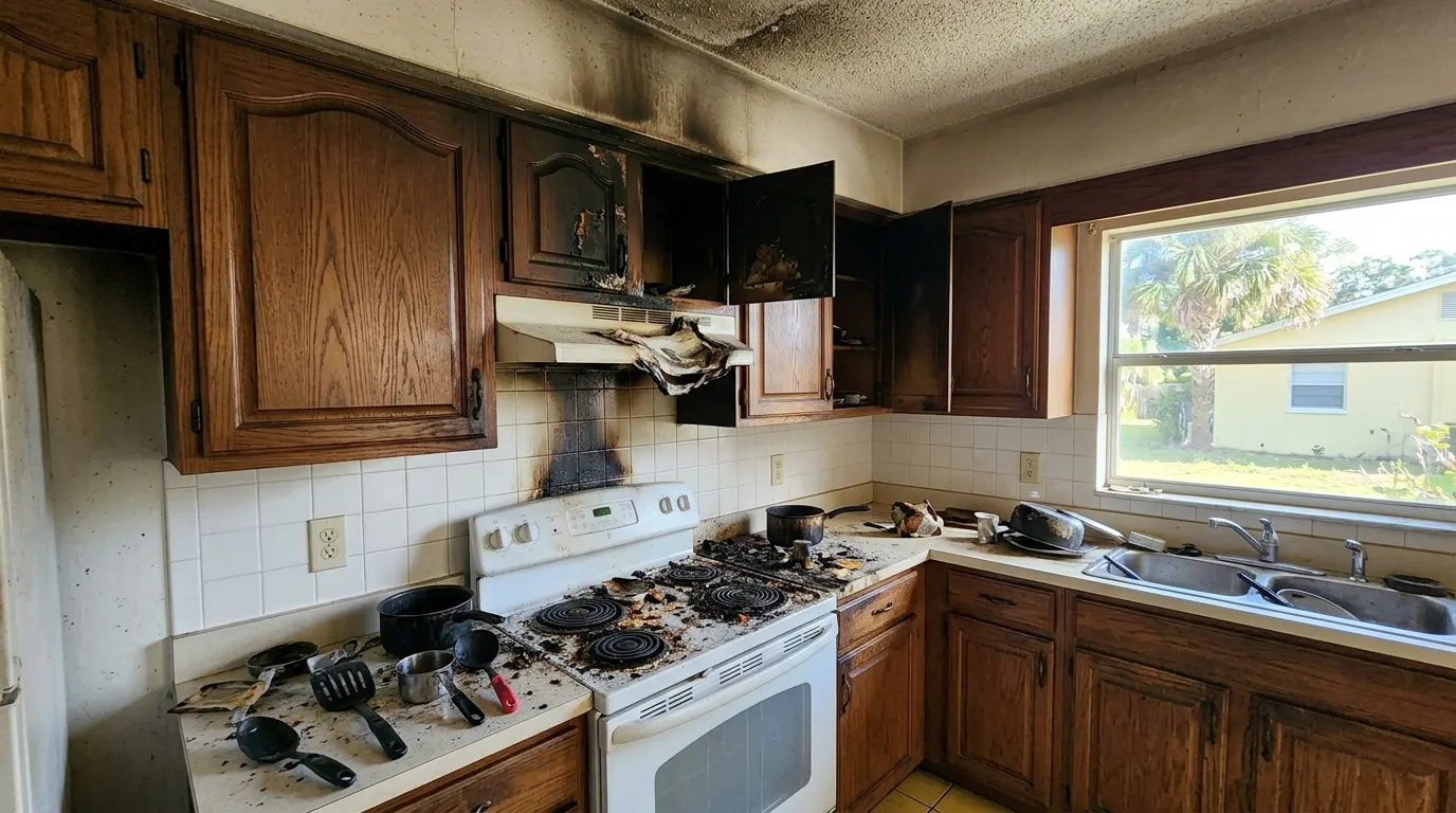 Kitchen with heavy char and soot damage above the range before restoration