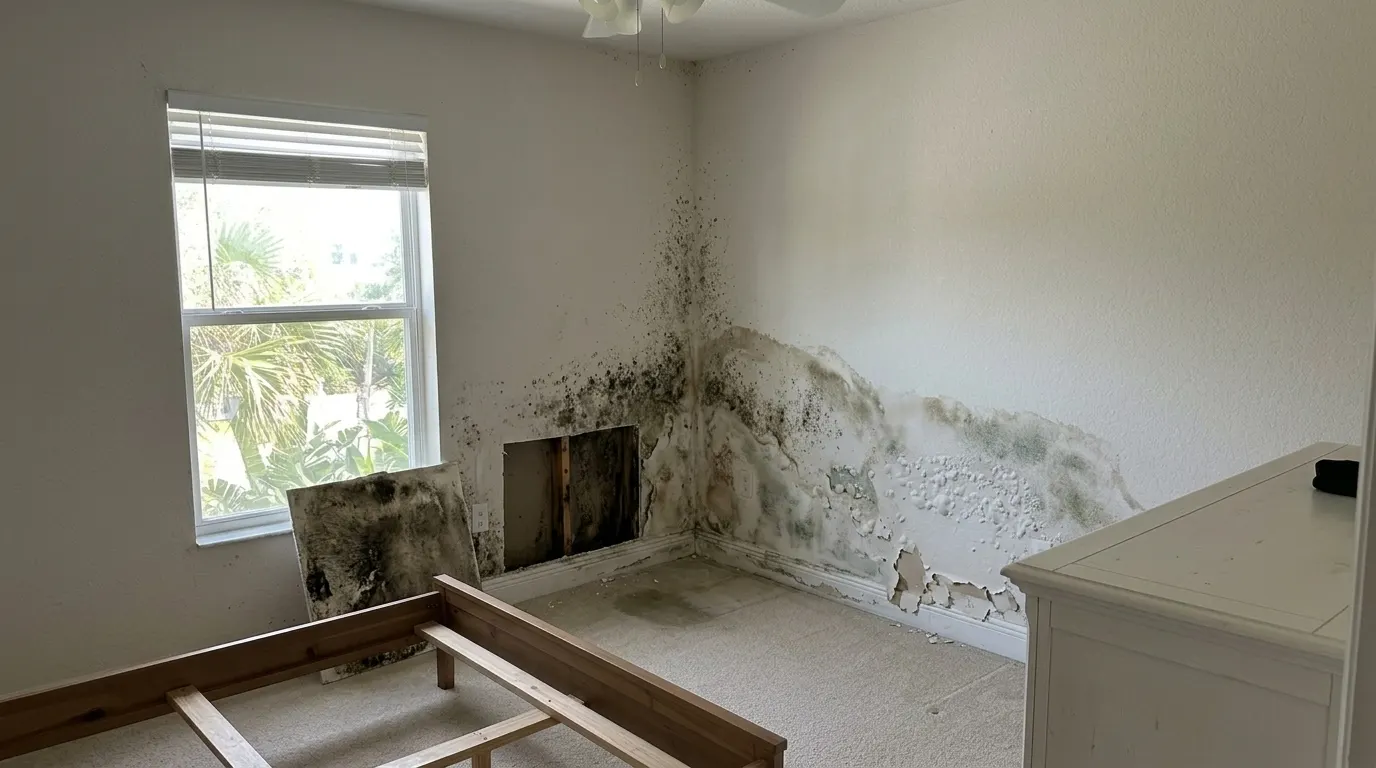 Bedroom wall and corner covered in heavy mold before remediation