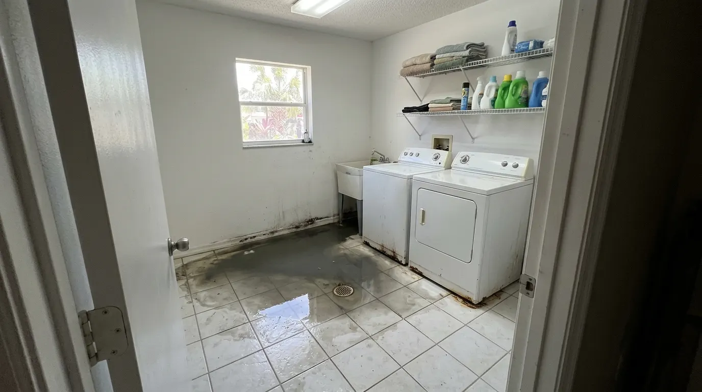 Laundry room with contaminated water and staining from a sewage backup before cleanup