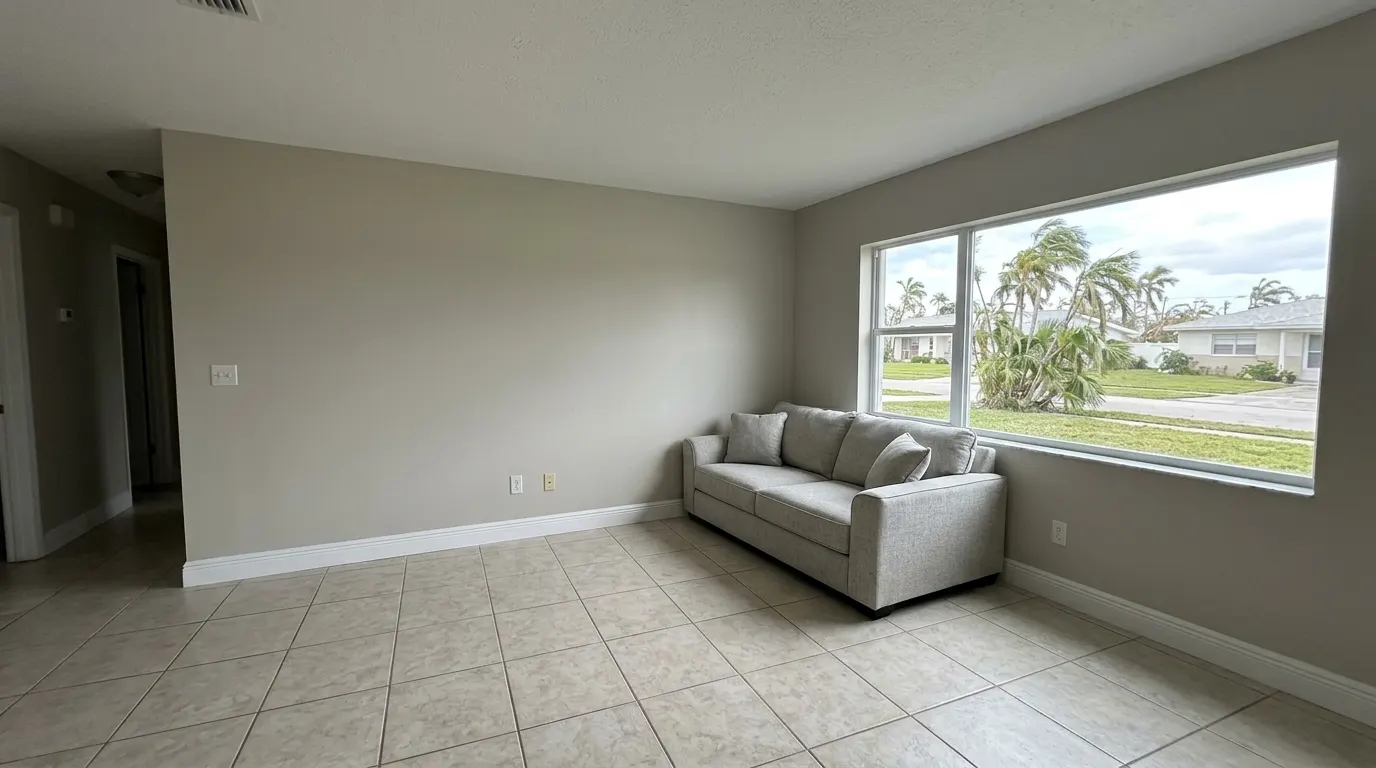 Same living room with rebuilt ceiling and new window after storm damage restoration