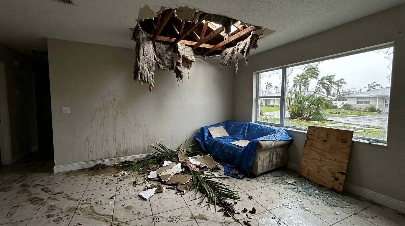 Living room with collapsed ceiling, broken window and hurricane debris before repair