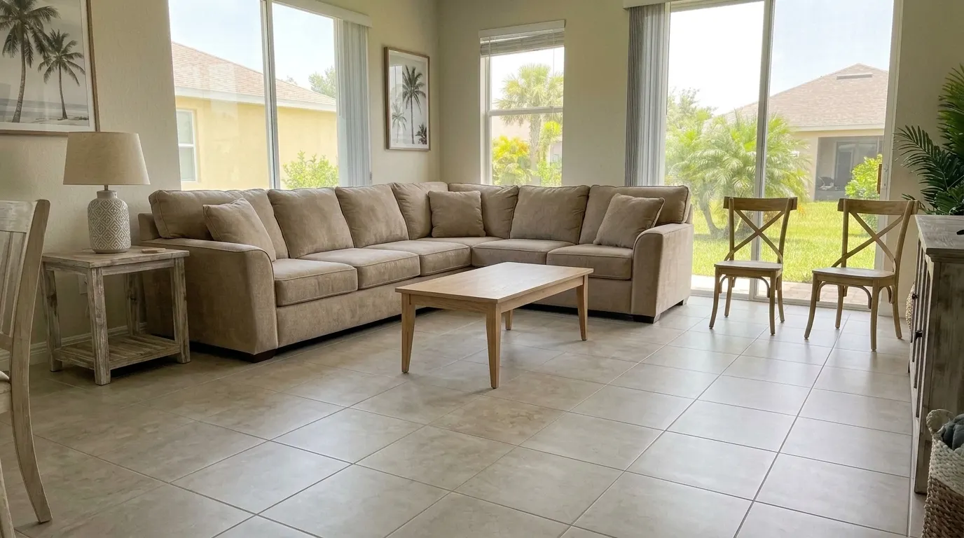 Same living room dried out with clean tile floor and furniture after restoration