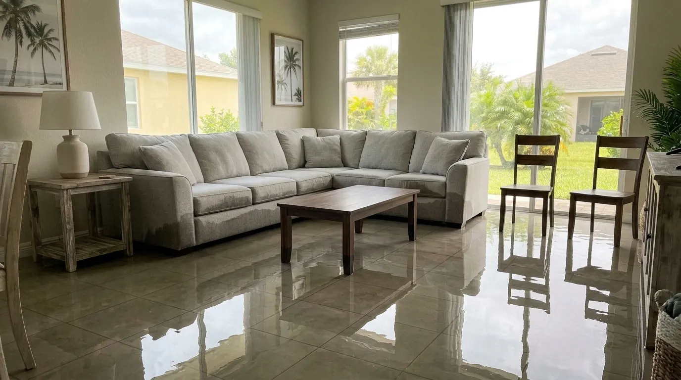 Flooded living room with standing water across the tile floor before restoration